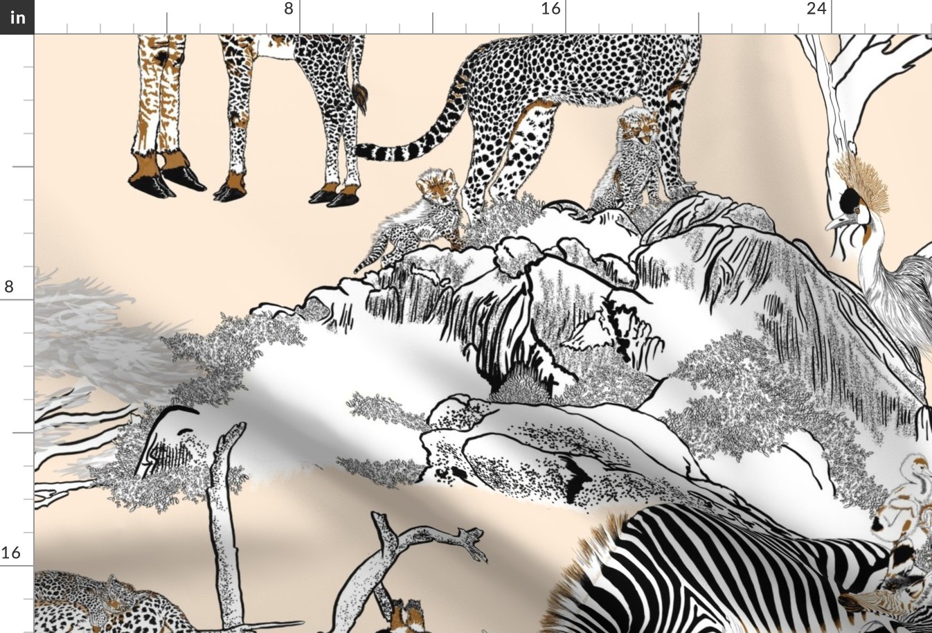 The Serengeti Collection - Wildlife Families - Brown, Black & White  Color Blocks, Pen & Ink Style on Beige (Large Format)