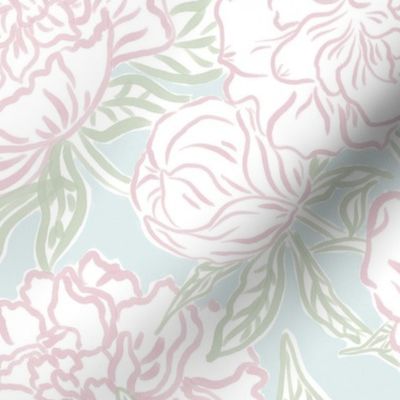 Medium - Painted peonies - Light blue pink and green - soft coastal - painted floral - artistic light blue painterly floral fabric - spring garden preppy floral - girls summer dress bedding wallpaper