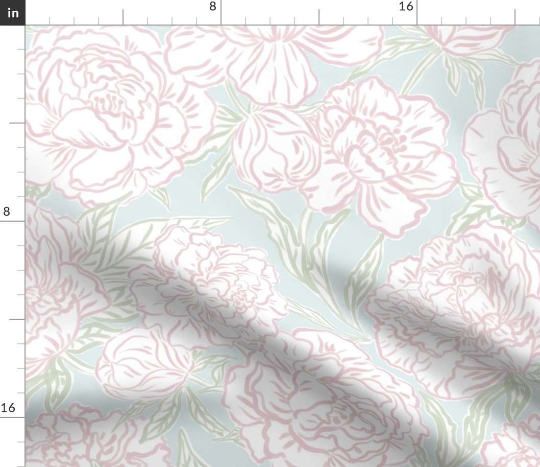 Medium - Painted peonies - Light blue pink and green - soft coastal - painted floral - artistic light blue painterly floral fabric - spring garden preppy floral - girls summer dress bedding wallpaper