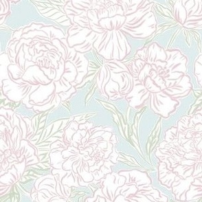 Small - Painted peonies - Light blue pink and green - soft coastal - painted floral - artistic light blue painterly floral fabric - spring garden preppy floral - girls summer dress bedding wallpaper