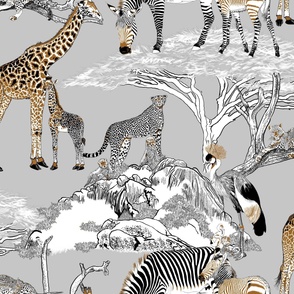 Seren The Serengeti Collection - Wildlife Families - Brown, Black & White  Color Blocks, Pen & Ink Style on Light Grey (Large Format)