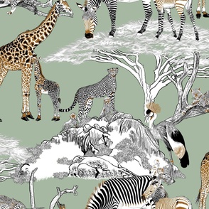 The Serengeti Collection - Wildlife Families - Brown, Black & White  Color Blocks, Pen & Ink Style on Light Sage (Large Format)