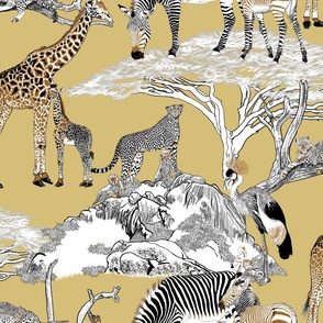 The Serengeti Collection - Wildlife Families - Brown, Black & White  Color Blocks, Pen & Ink Style on Dijon (Large Format)