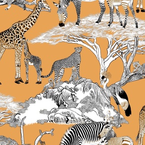 The Serengeti Collection - Wildlife Families - Brown, Black & White Color Blocks, Pen & Ink Style on Orange (Large Format)