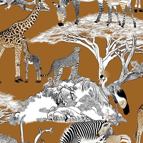  The Serengeti Collection - Wildlife Families - Brown, Black & White Color Blocks, Pen & Ink Style on Chestnut (Large Format)