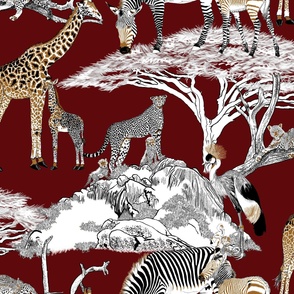 The Serengeti Collection - Wildlife Families - Brown, Black & White Color Blocks, Pen & Ink Style on Crimson (Large Format)