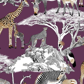 The Serengeti Collection - Wildlife Families - Brown, Black & White Color Blocks, Pen & Ink Style on Plum (Large Format)