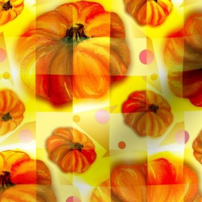 Pixelized Watercolor Pumpkins Tiled, Yellow; MEDIUM SCALE, 4800, v06—autumn, fall, pumpkin, september, august, november, modern, square, tile, polka dots, dot, kitchen, table cloth, quilt, linen, wallpaper
