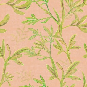 Olive green leaves on peach background with canvas look texture