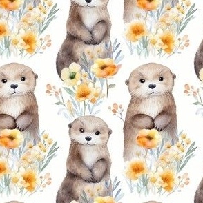 Cute Otter Watercolor With Yellow Flowers
