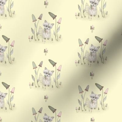 Standing Raccoon in Clusters of Long Mushrooms Pattern in Soft Yellow Background