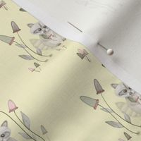 Standing Raccoon in Clusters of Long Mushrooms Pattern in Soft Yellow Background