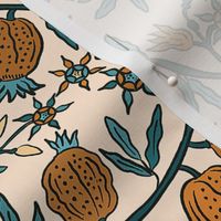 pomegranates in orange brown and dark teal, damask, large scale, 18" 