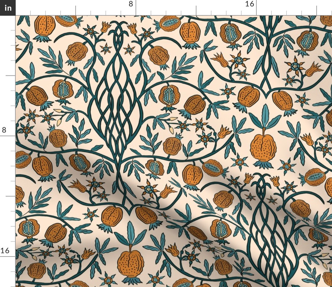 pomegranates in orange brown and dark teal, damask, large scale, 18" 