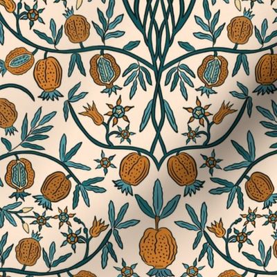 pomegranates in orange-brown and dark teal, damask, 12" 