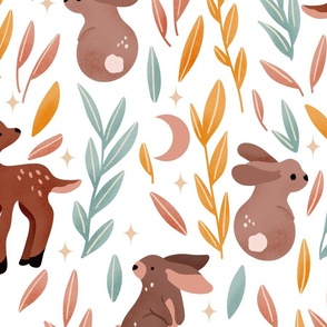 Cute bunny and deer in the forest , white background (Large scale)