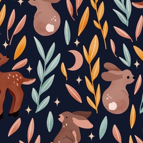 Cute bunny and deer in the forest , dark blue background (Large scale)