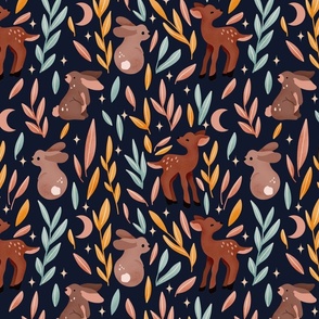 Cute bunny and deer in the forest , dark blue background (small scale)