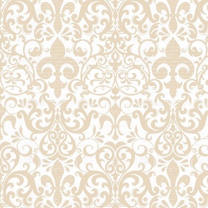 Pastel Fleur de Lis Damask Pattern French Linen Style Beige White Smaller Scale