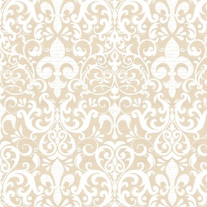 Pastel Fleur de Lis Damask Pattern French Linen Style White Beige Smaller Scale