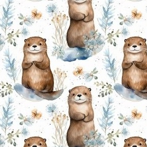 Cute Otter with Blue Flowers Watercolor