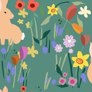 Rabbits in wildflower meadow on green  (medium)  (spring collection)