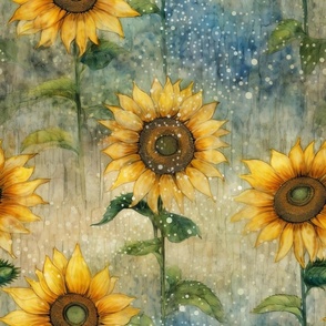 Watercolor Sunflowers in the Snowy Mist / Fabric / Wallpaper / Home Decor / Upholstery / Clothing