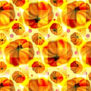 Pixelized Watercolor Pumpkins Tiled, Yellow; LARGE SCALE, 6300, v06—autumn, fall, pumpkin, september, august, november, modern, square, tile, polka dots, dot, kitchen, table cloth, quilt, linen, wallpaper