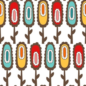 MidMod Retro Oval Flowers // Turquoise, Red, Yellow, Brown, White // Medium Large Scale - 600 DPI