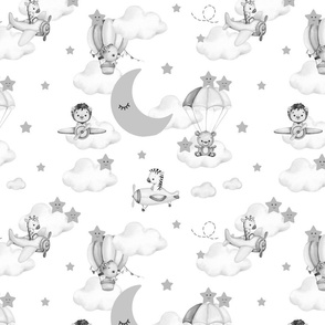 Flying Animals Moon Stars Clouds Gray 