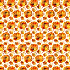 Pixelized Watercolor Pumpkins Tiled; Wht BG, SMALL SCALE, 6300, v07—autumn, fall, pumpkin, september, august, november, modern, square, tile, polka dots, dot, kitchen, table cloth, quilt, linen, wallpaper