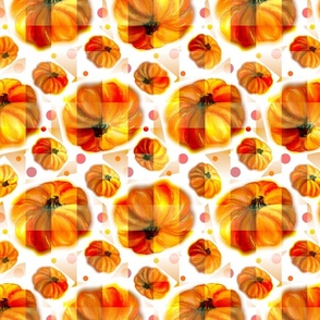 Pixelized Watercolor Pumpkins Tiled; MEDIUM SCALE, 4800, v07—autumn, fall, pumpkin, september, august, november, modern, square, tile, polka dots, dot, kitchen, table cloth, quilt, linen, wallpaper