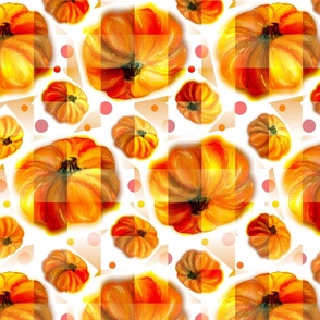 Pixelized Watercolor Pumpkins Tiled; Wht BG, LARGE SCALE, 6300, v07—autumn, fall, pumpkin, september, august, november, modern, square, tile, polka dots, dot, kitchen, table cloth, quilt, linen, wallpaper