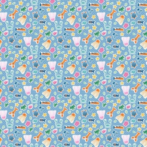 Small Scale Tossed Happy Sea Creatures on Blue Polka Dot Ground