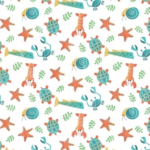 Medium Tossed Sea Creatures Teal and Orange with Faux Texture on White Ground