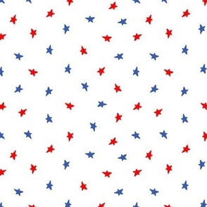 Red and blue tossed stars on white 