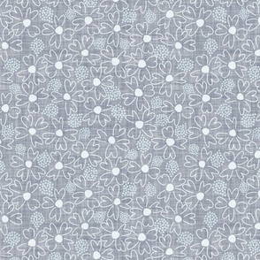 LARGE:Textured white Ditsy Florals with Teardrop light blue Dots on blue-gray