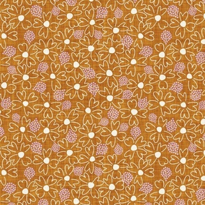 LARGE: Textured white Ditsy Florals with Teardrop pink Dots on ochre