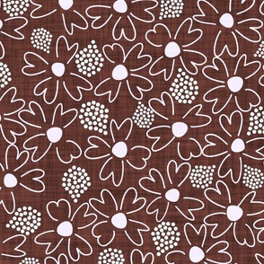 LARGE: Textured pink Ditsy Florals with Teardrop white Dots on rosewood red 