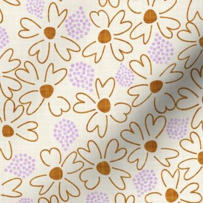 LARGE:Textured burnt orange Ditsy Florals with Teardrop lavender Dots on off-white