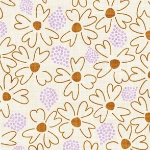 LARGE:Textured burnt orange Ditsy Florals with Teardrop lavender Dots on off-white