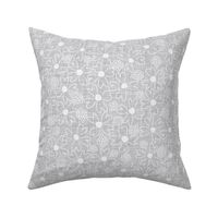 LARGE: Textured white Ditsy Florals with white Teardrop Dots on cool grey