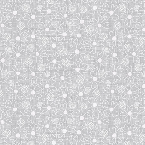 LARGE: Textured white Ditsy Florals with white Teardrop Dots on cool grey