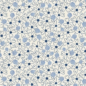 LARGE: Textured Blue Ditsy Florals with Teardrop light blue Dots on a Simple White 