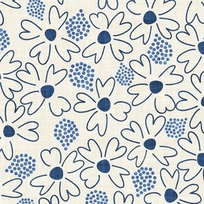 LARGE: Textured Blue Ditsy Florals with Teardrop light blue Dots on a Simple White 
