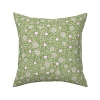 LARGE:Textured pink Ditsy Florals with creamTeardrop Dots on yellow green