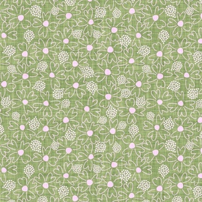 LARGE:Textured pink Ditsy Florals with creamTeardrop Dots on yellow green