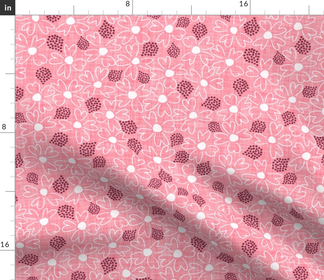 LARGE: Textured Ditsy Florals with maroon Teardrop Dots on Carnation pink