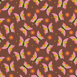 Retro Butterflies-pink-brown, Butterfly Fabric, Boho, 70s