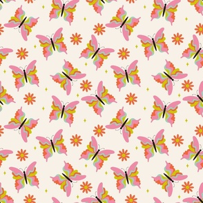 Retro Butterflies-pink, Butterfly Fabric, Boho, 70s